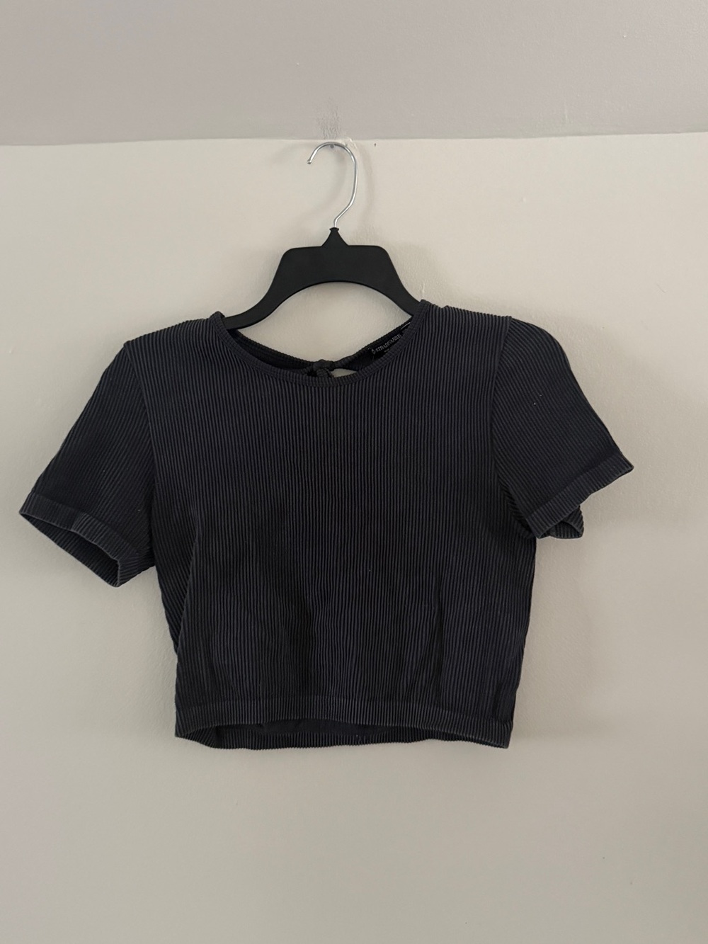 stradivarius Black Ribbed Short Sleeve Crop Top